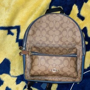 COACH BROWN SIGNATURE COATED CANVAS WITH BLUE LEATHER